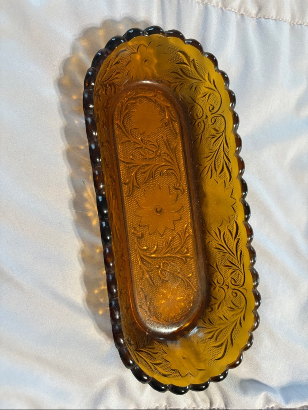 Indiana Glass Amber Floral Embossed Vanity Tray